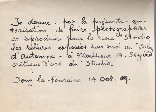 Steinlen letter, Oct. 14, 1909, reverse, authorizing photos of Steinlen book bindings for Studio (Ader auction, Dec. 4, 2014)